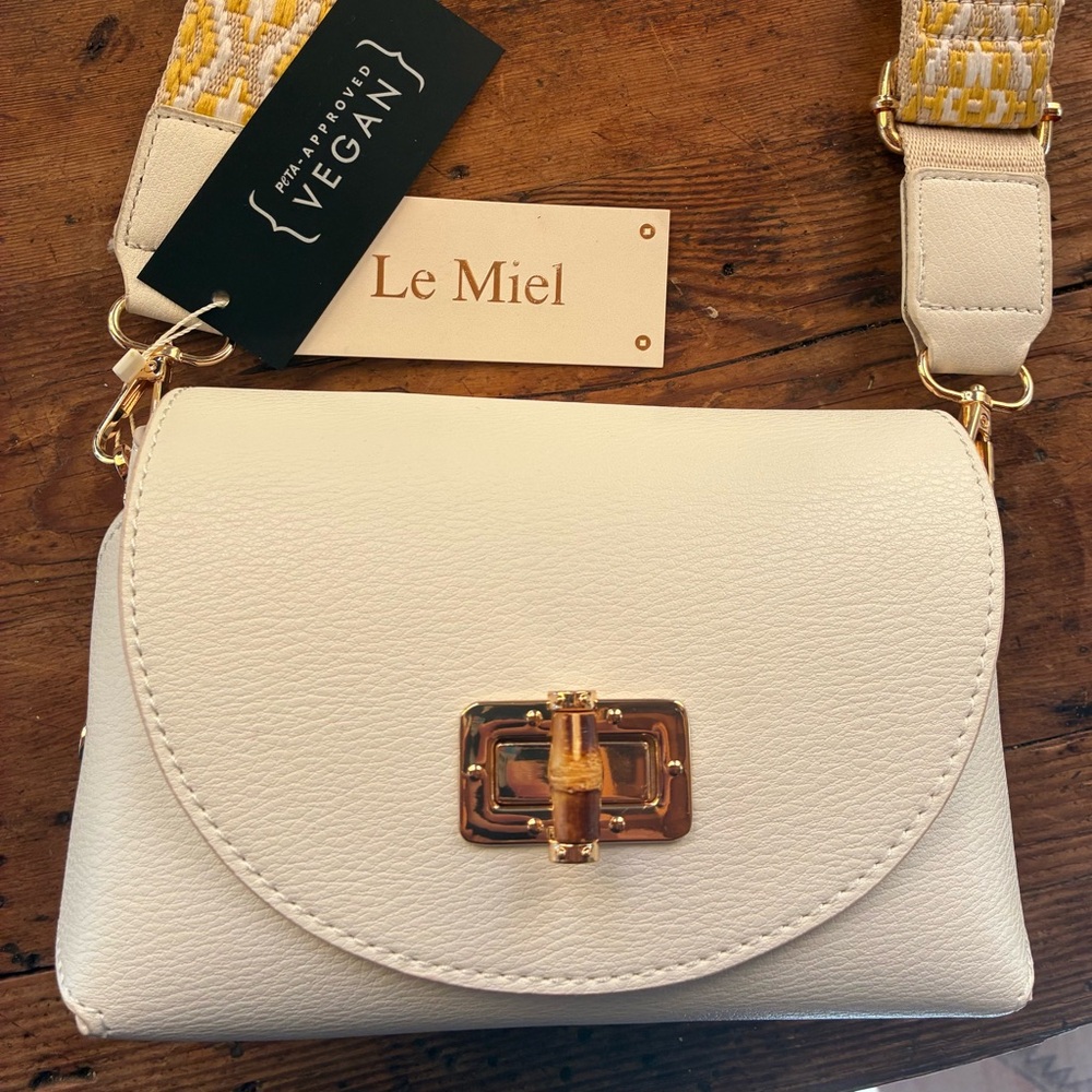 LA MIEL Cream Crossbody Bag with Gold Accents